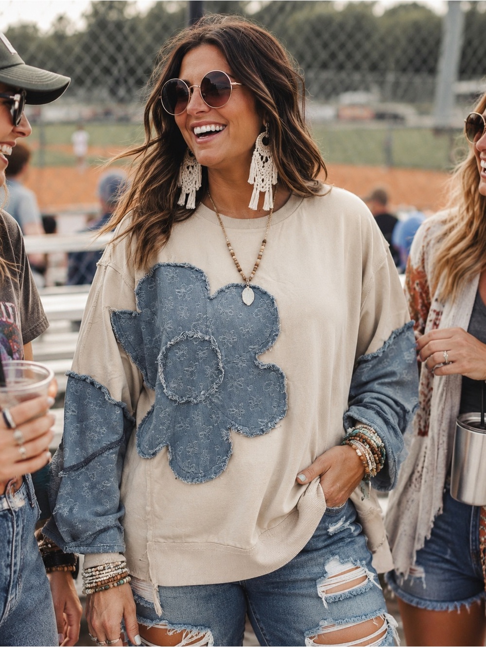 Blue Velvet- oversizedBoho Floral Patch Sweatshirt - Cream with Denim Blue Flowe